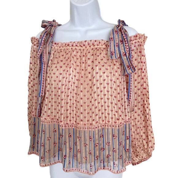 Ulla Johnson Clement Rose Silk Bow Shoulder Tie Off Shoulder Boho Blouse Size 4 - Picture 4 of 9